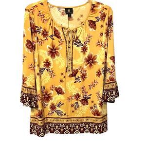 JM COLLECTION LONG BELL SLV PULL-OVER TUNIC BLOUSE, WOMENS-XL-YELLOW-PINK FLORAL